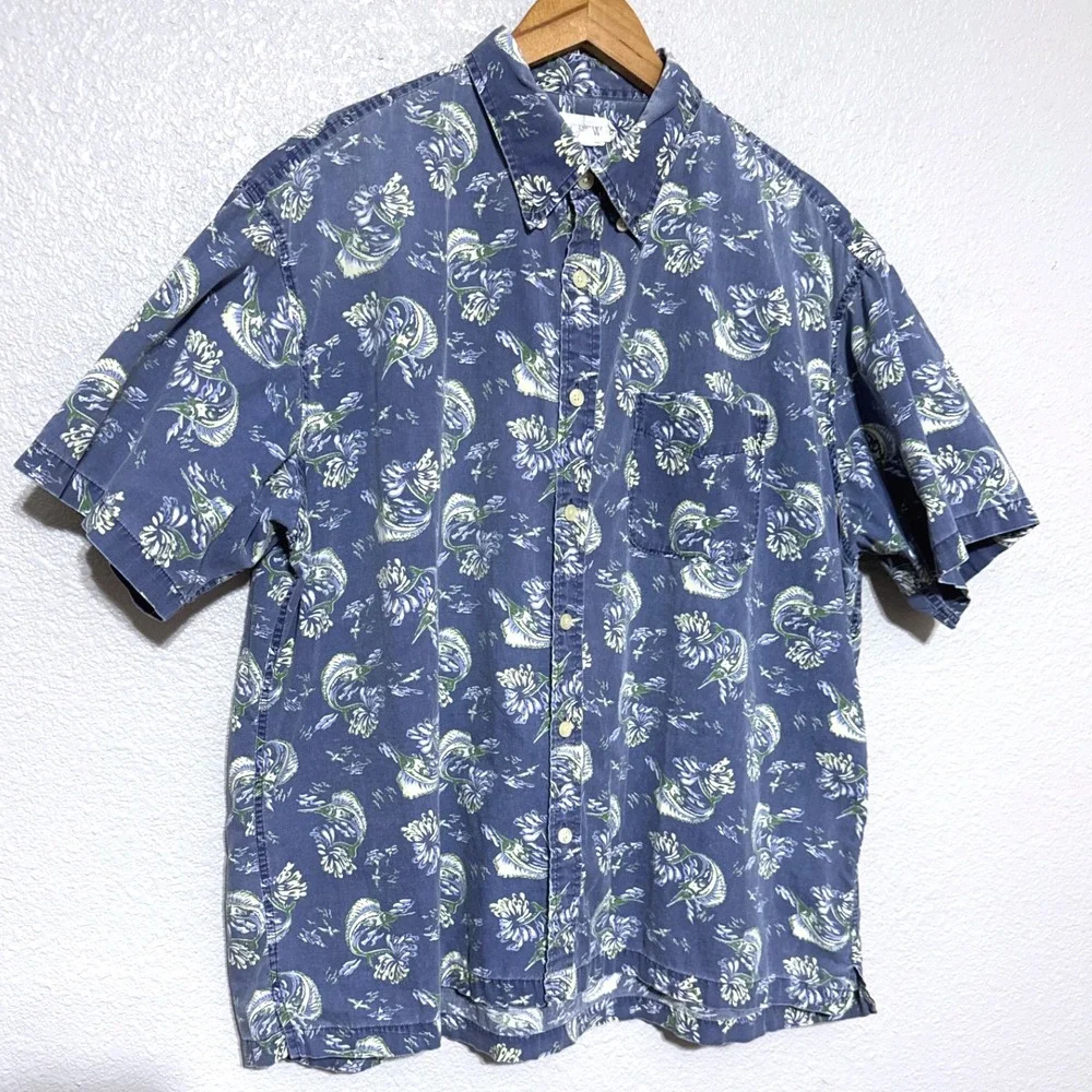 VTG J. Crew Oarsman Blue Marlin Fishing Short Sleeve‎ Camp Shirt Xl Floral Beach